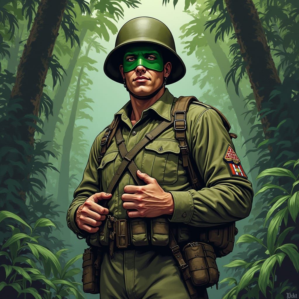 WWII Soldier in Green Domino Mask Stands in Pacific Jungle