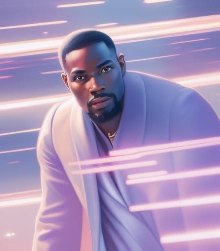 Afrofuturistic Man in Cyberpunk Cityscape