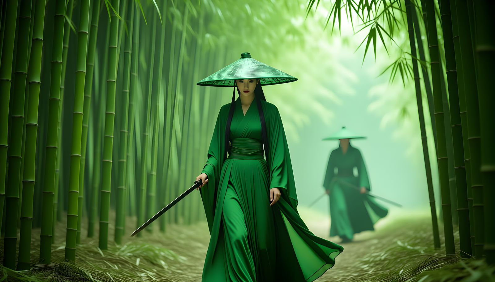 Bamboo Ninja in Flowing Green Gown