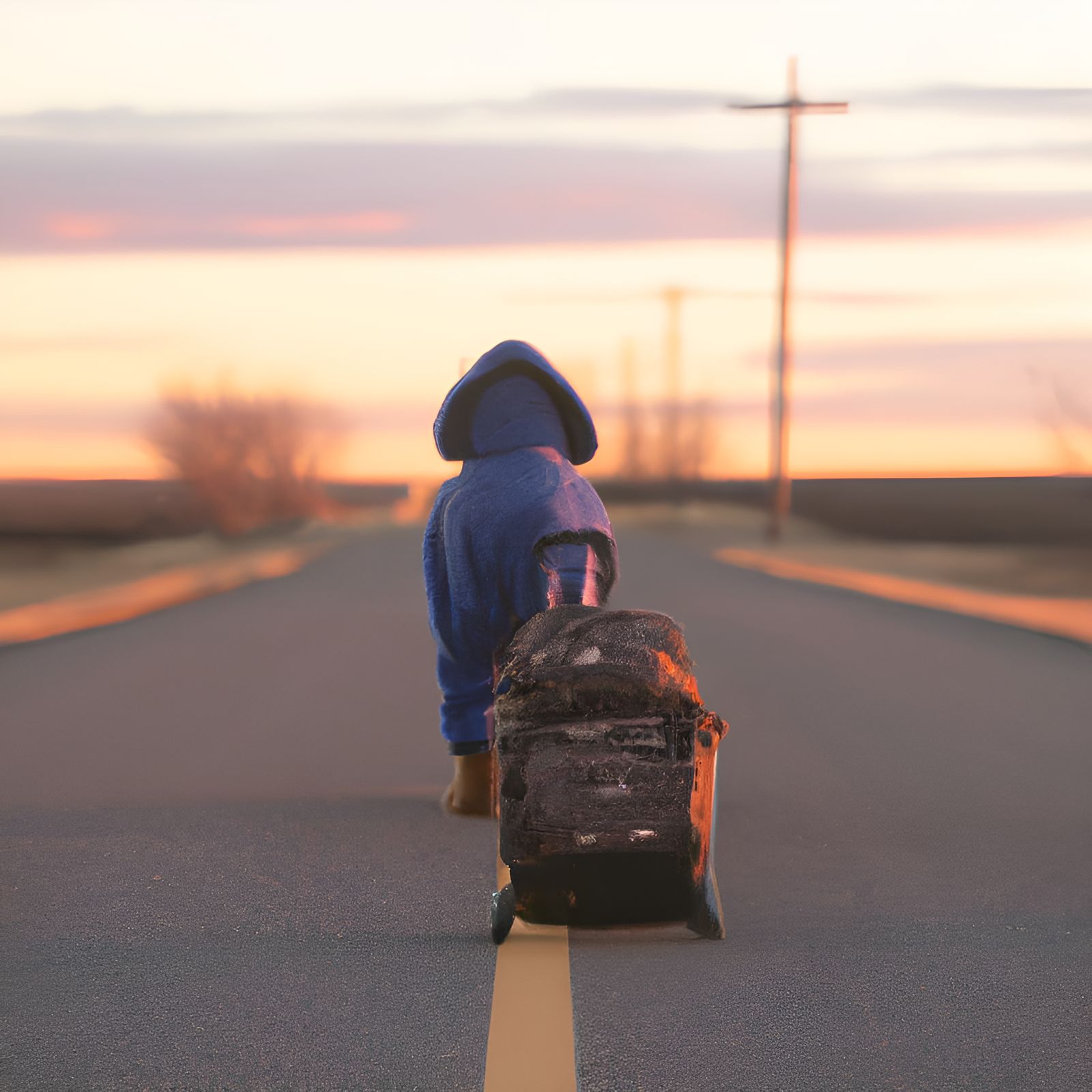 Dog in Hoodie Walks into Sunset with Luggage