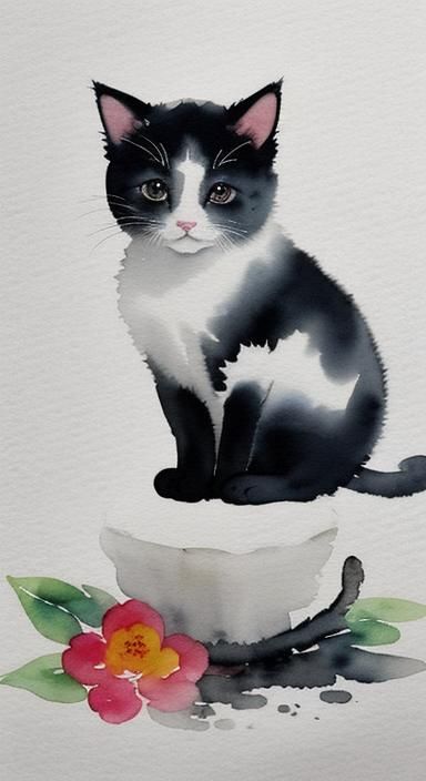 Watercolor Kitten with Tiny Flowers in Ink Style