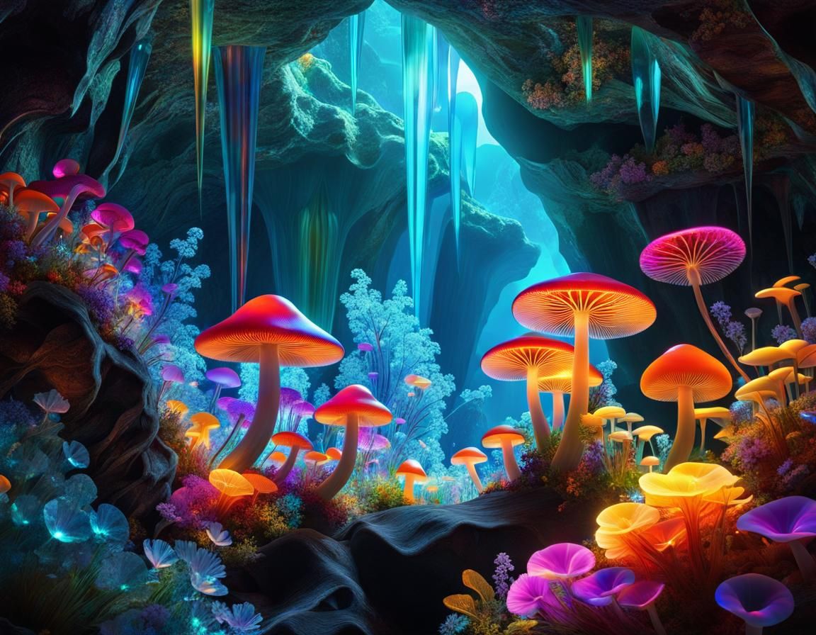 Gemcore Cave: Crystal Mushrooms and Flowers in Retrofuturism