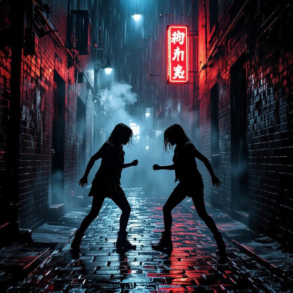 Neo-Noir Showdown: Two Girls in a Gritty Alley