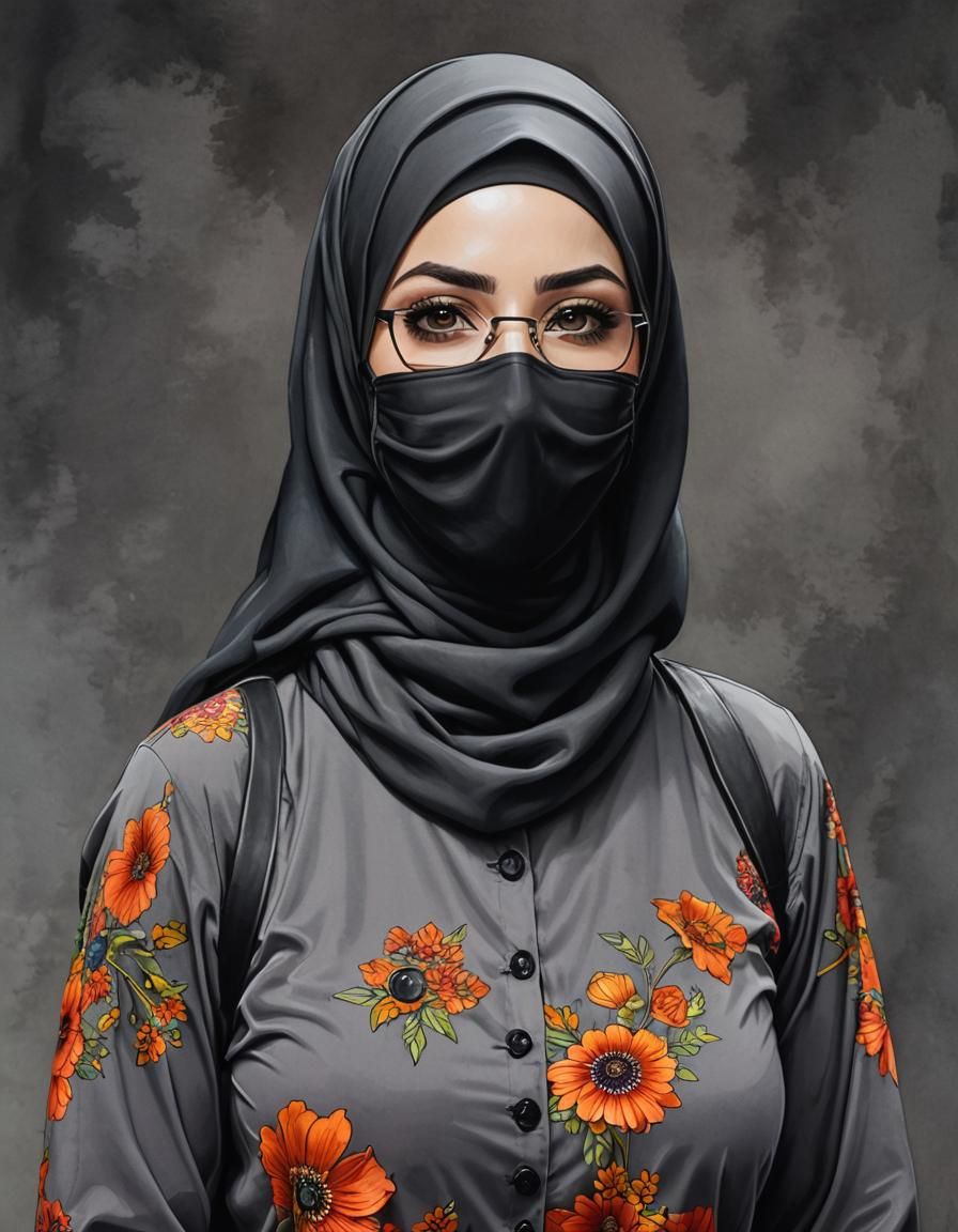 Psychedelic Portrait of Hijabi Woman with Facemask