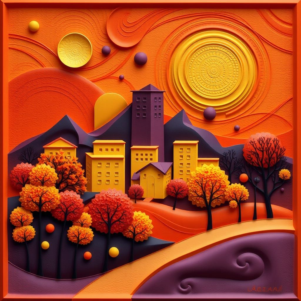 Abstract Autumn Scape with Fractal Buildings and Circles