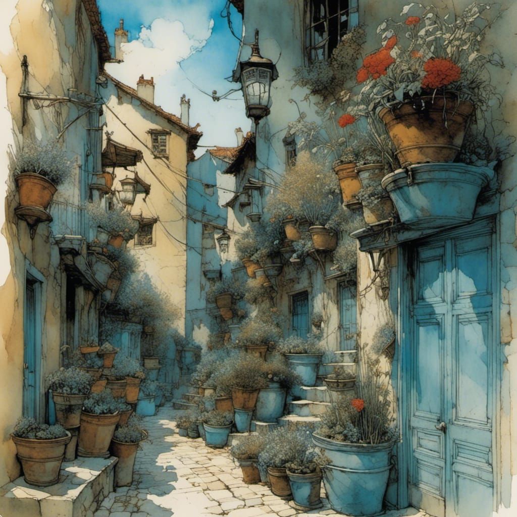 Mediterranean Alley with Sleeping Cat, Illustrated Style