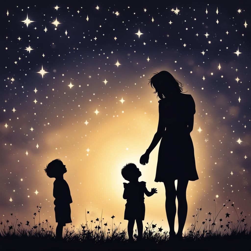 Child and Mother Silhouettes Stargazing in Watercolor