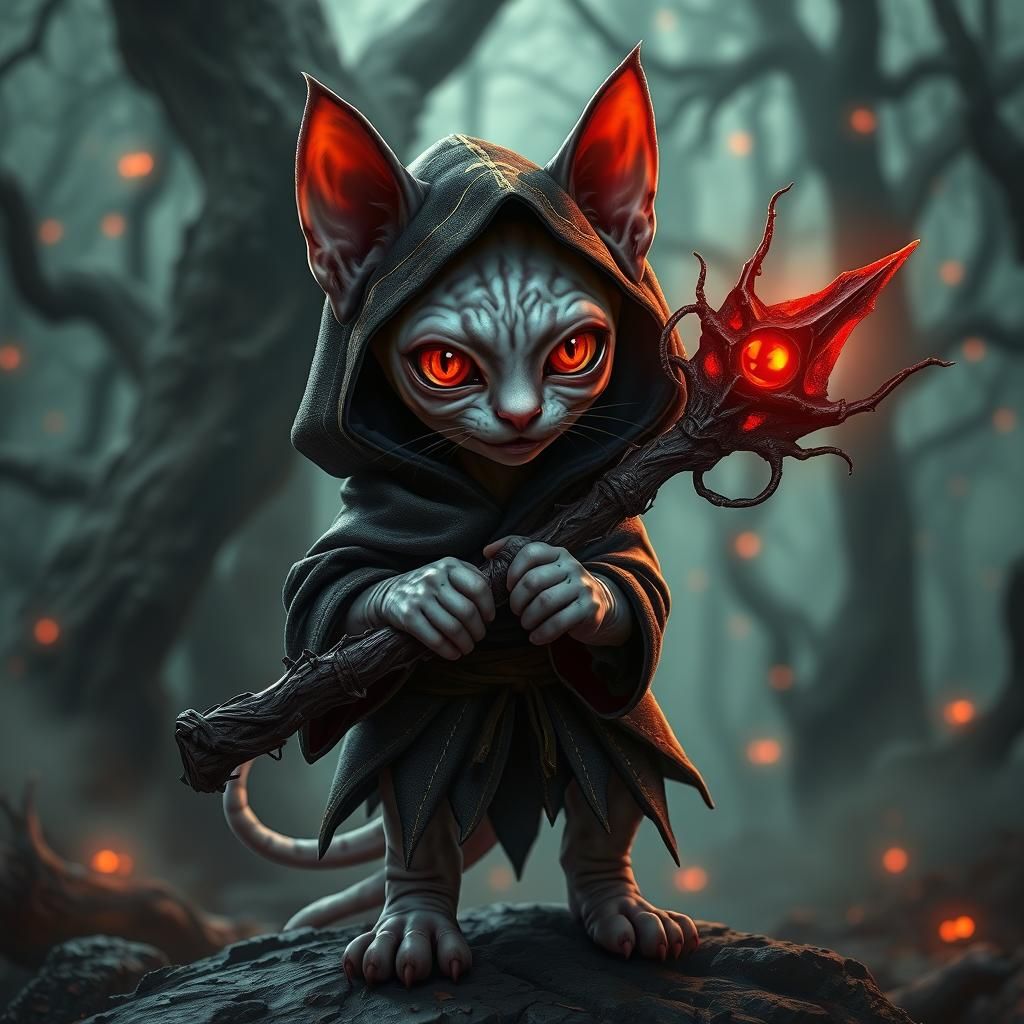 Mischievous Sphynx Kitten as Dark Mage in Fantasy Forest