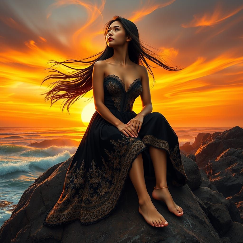 Burmese Woman Contemplates Fiery Sunset