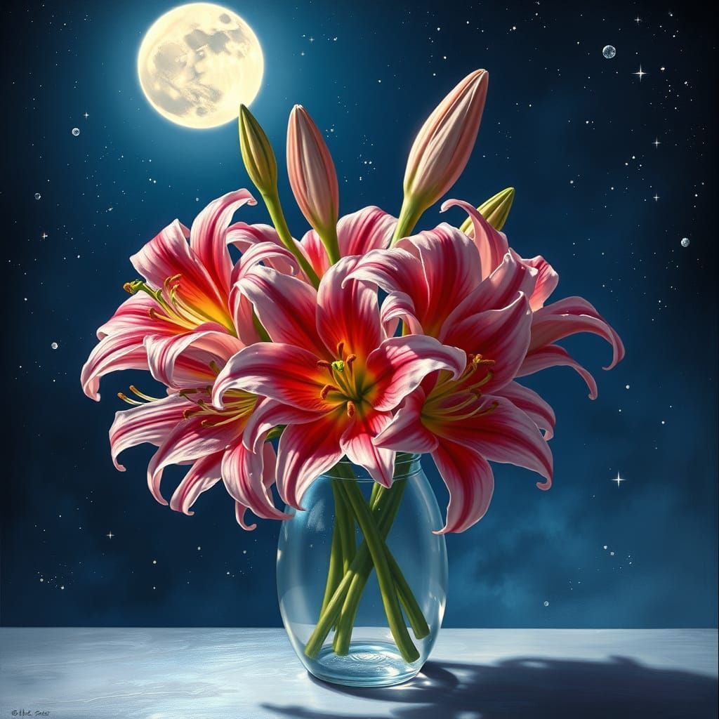 Ethereal Stargazer Lilies in Moonlit Celestial Scene
