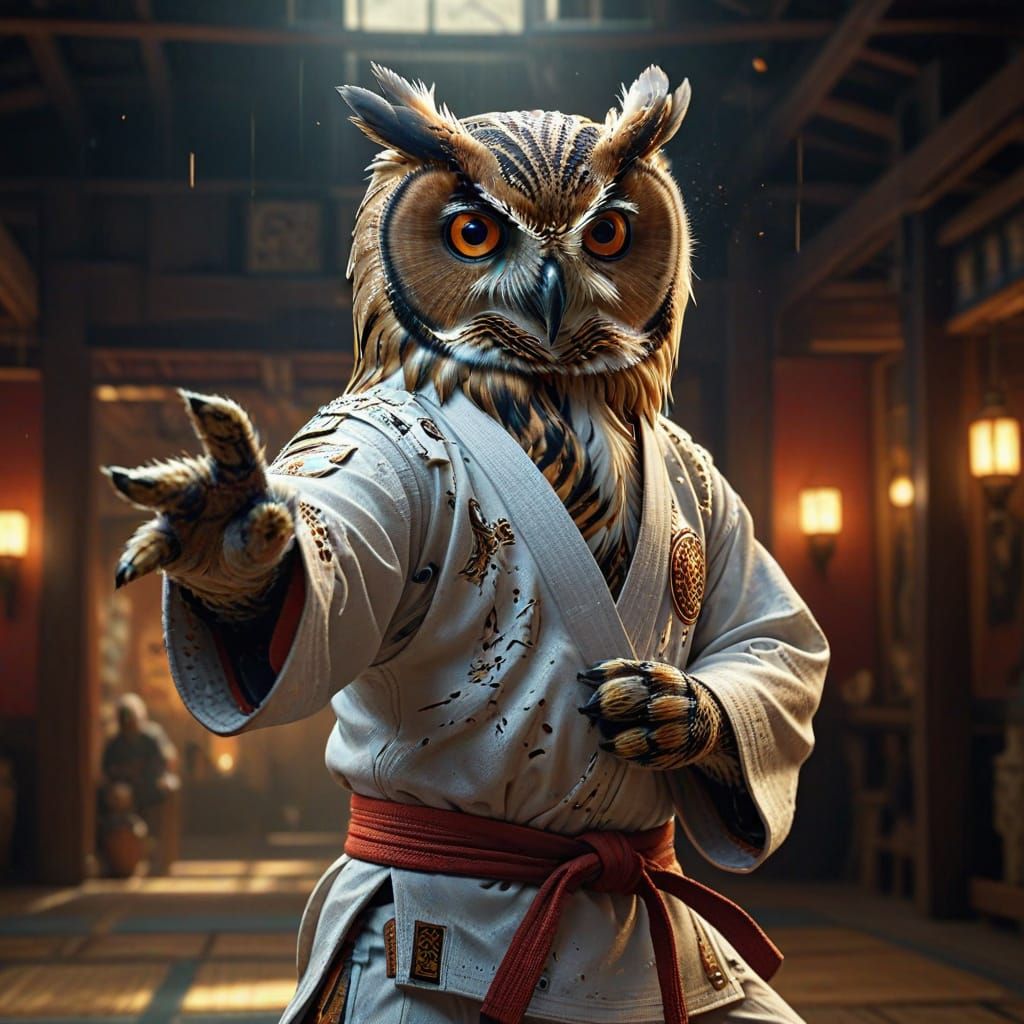 Owl Strikes a Karate Pose: Hyperrealistic Oil Painting