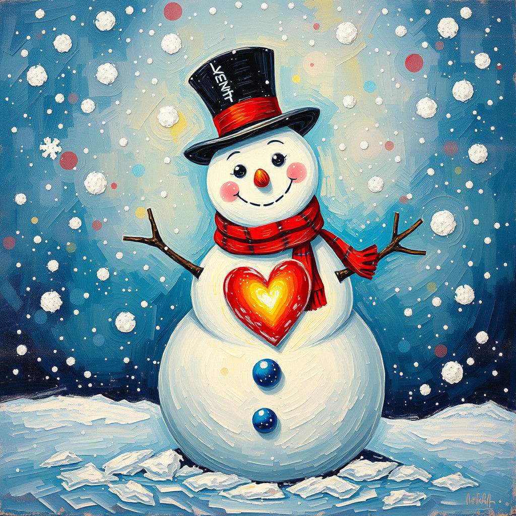 Happy Snowman with Glowing Heart, in Neo-Impressionism Style