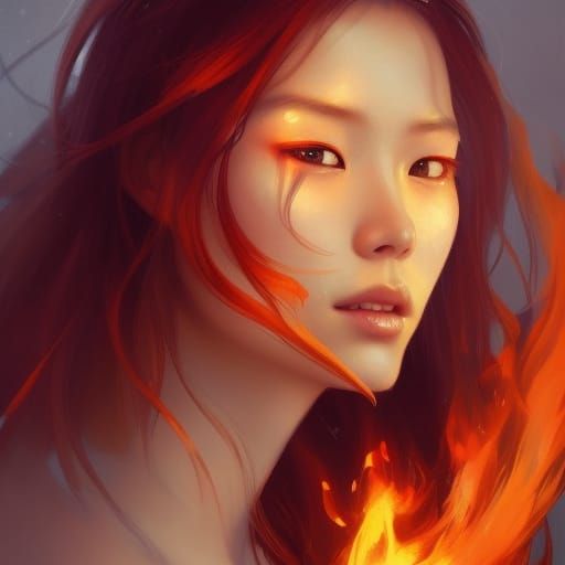 Fiery Asian Girl Portrait in Art Nouveau Style