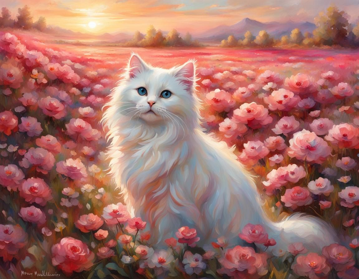 Impressionist kitty in coral pink flower field