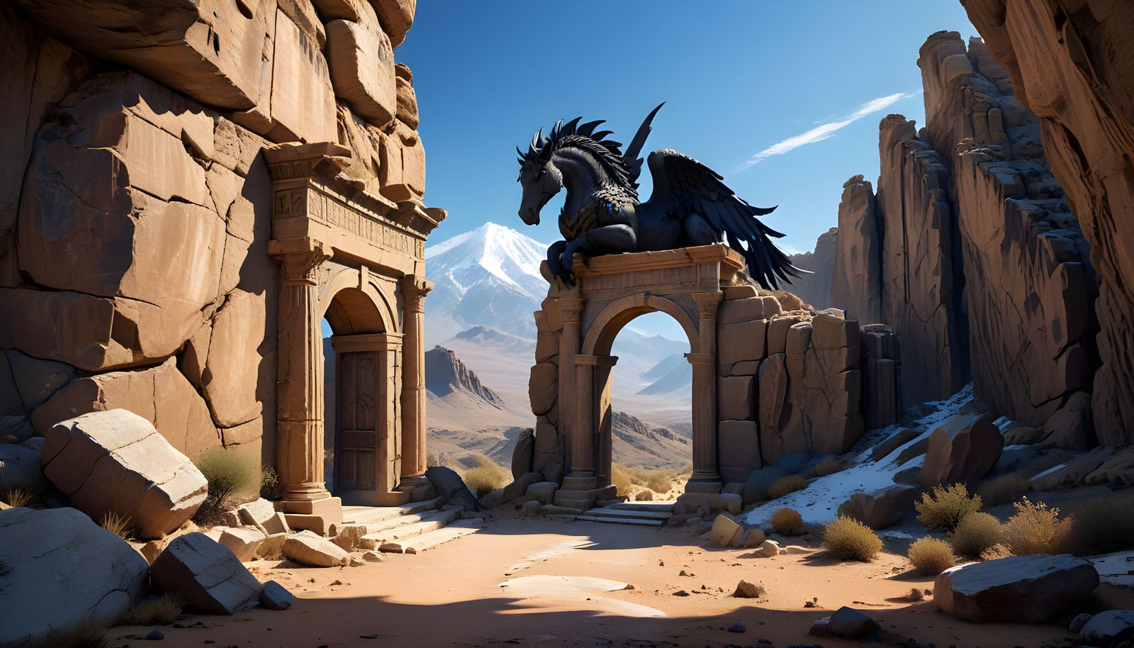 Ancient Greek Pegasus Guards Desert Catacombs Entrance