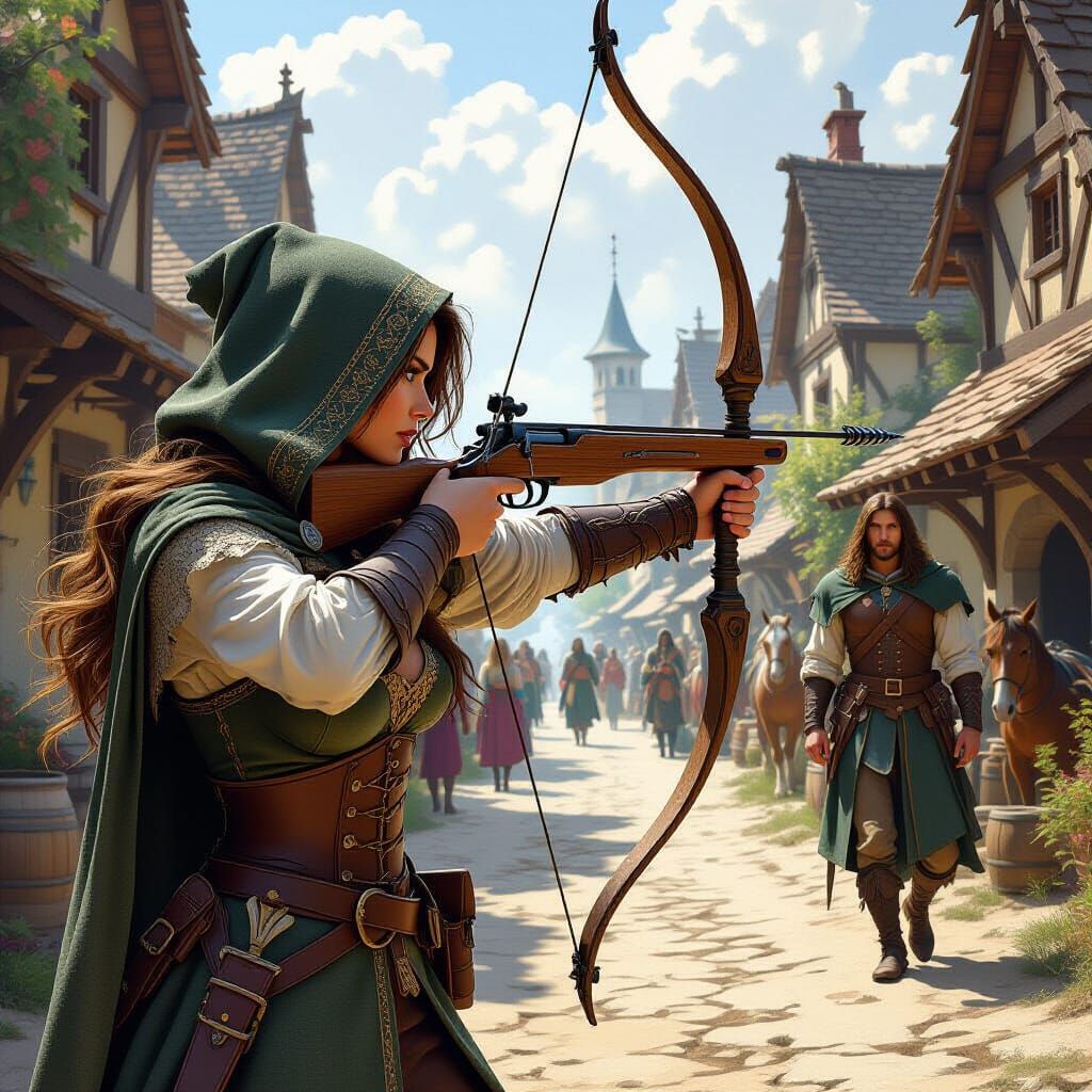Medieval Woman Aims Crossbow in Bustling Village