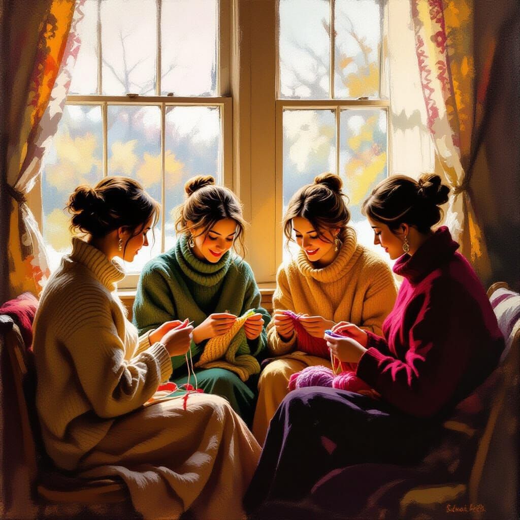 Cozy Impressionist Scene of Wives Knitting by Firelight