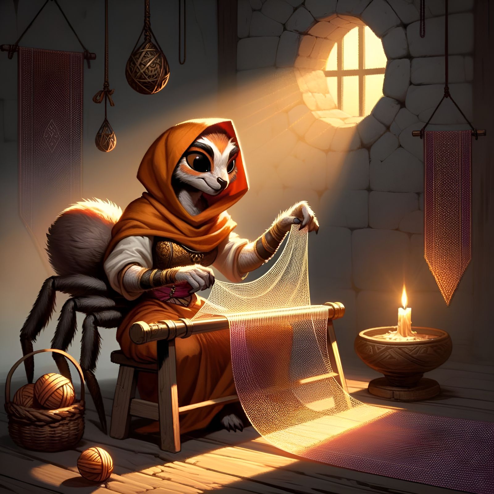 Charming Spider Merchant Weaving Fabric in Fantasy Setting