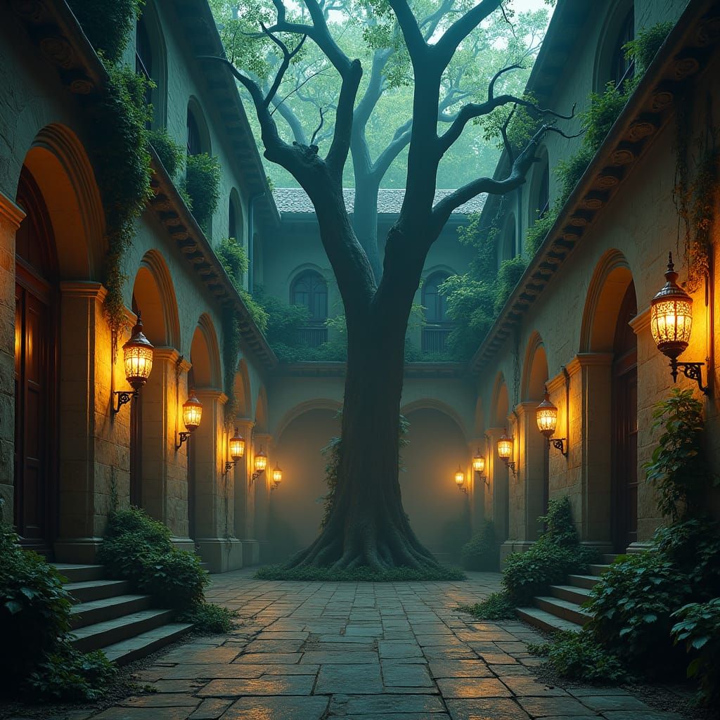 Mystical Courtyard with Gothic Arches in Fantasy Style