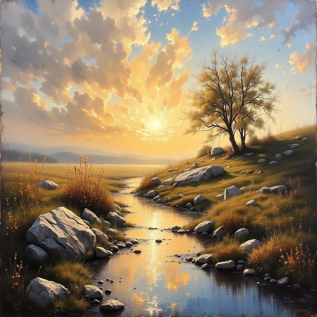 Sunrise Mist Over Oak Trees in Impasto Style