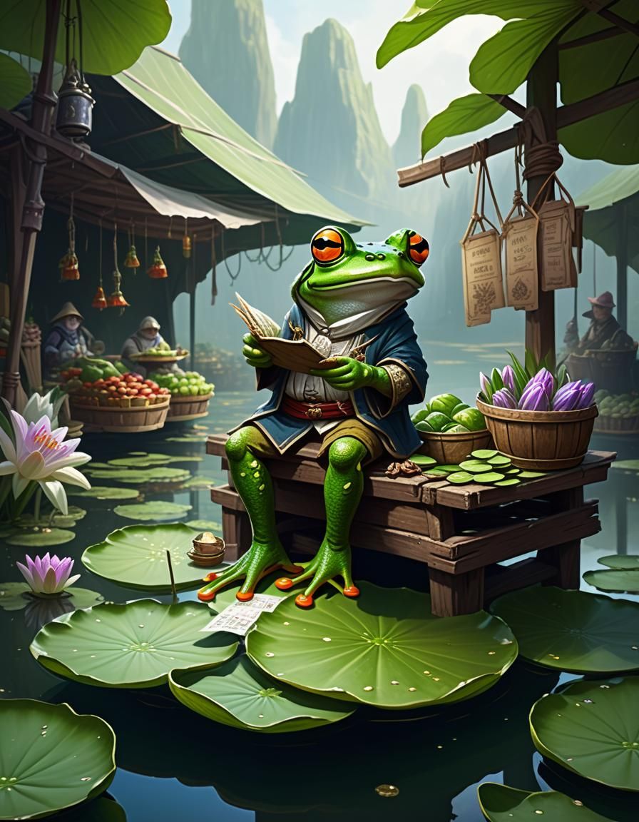 Frog Merchant at Lily Pad Market: Fantasy Illustration
