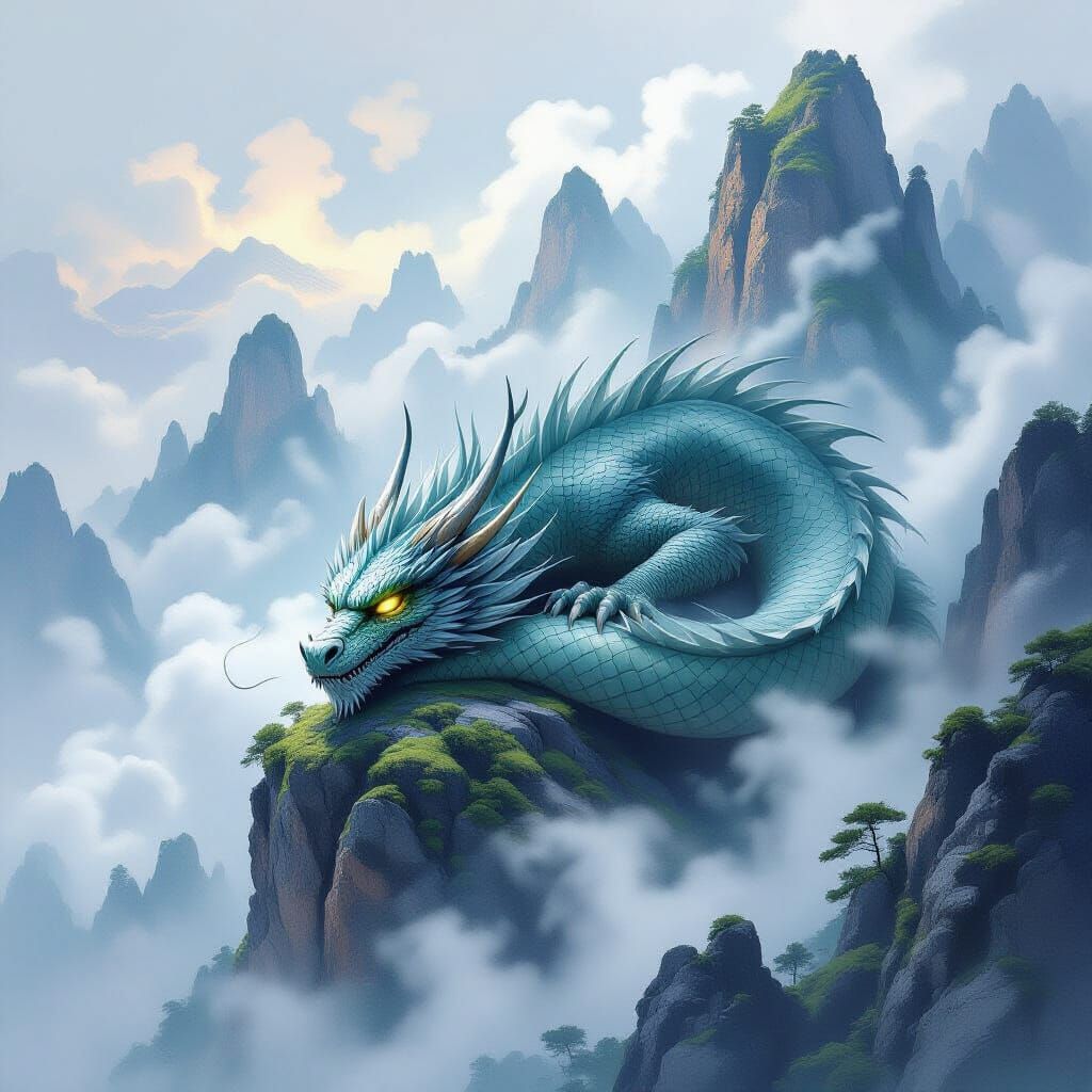 Ancient Stone Dragon Slumbers in Misty Peaks