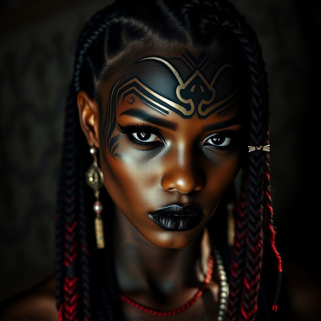 Tribal Tattoo Portrait with Golden Accents and Braids