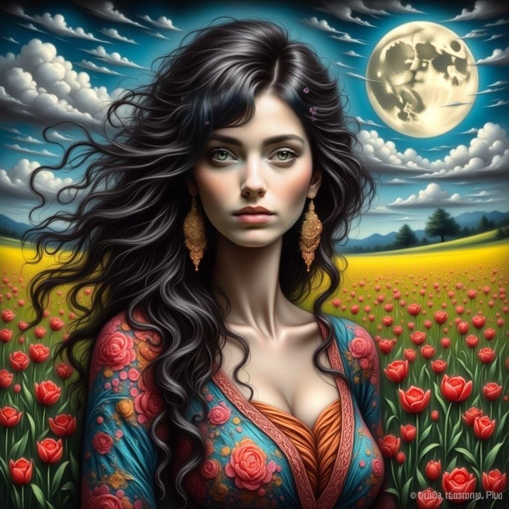 Woman in Floral Field Under Moonlight