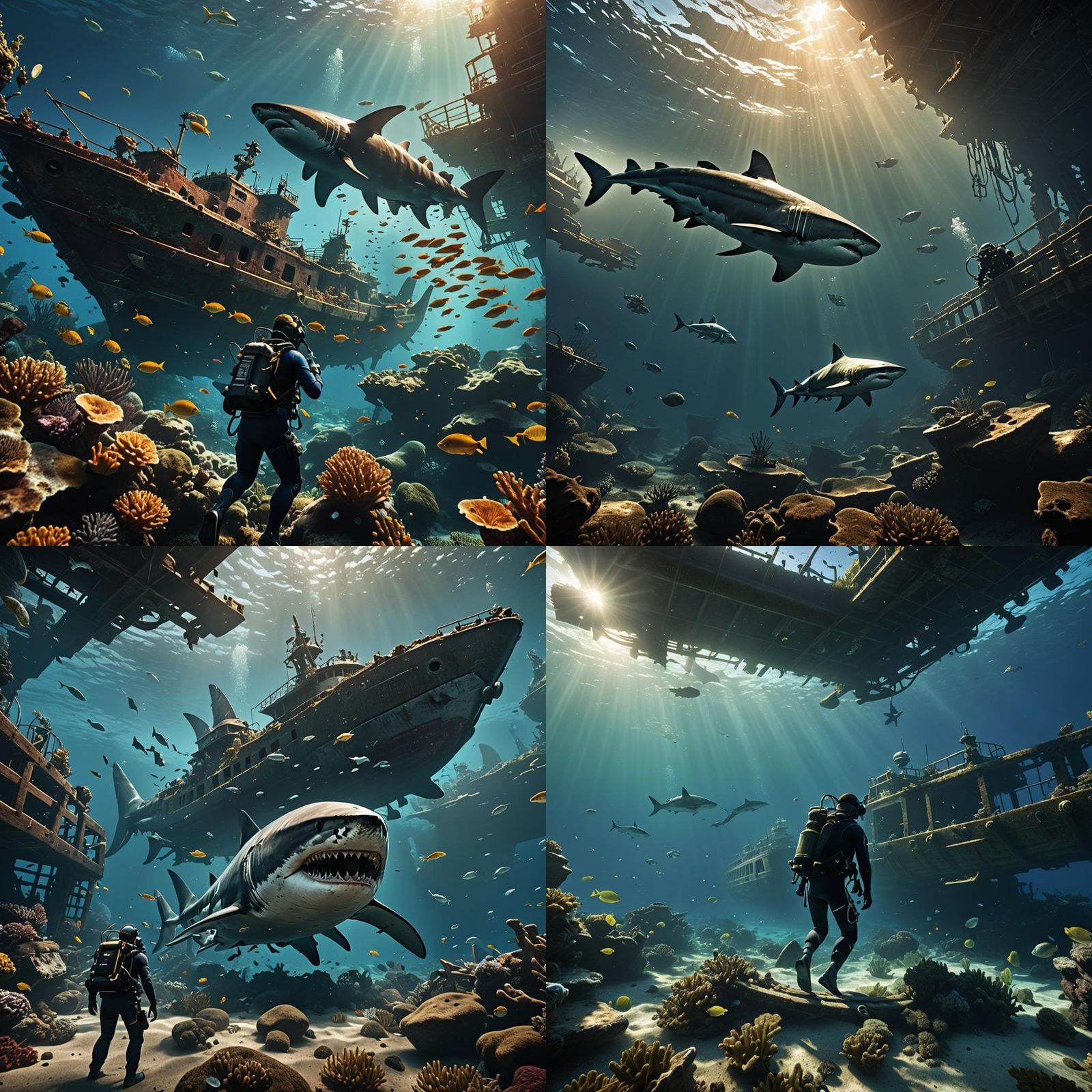 Scuba Diver and Shark Explore Shipwreck in 3D