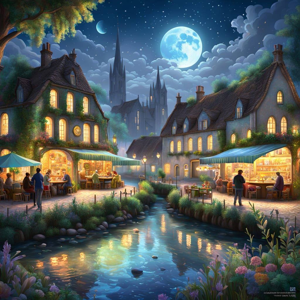 Dreamy English Riverside Night Cafe