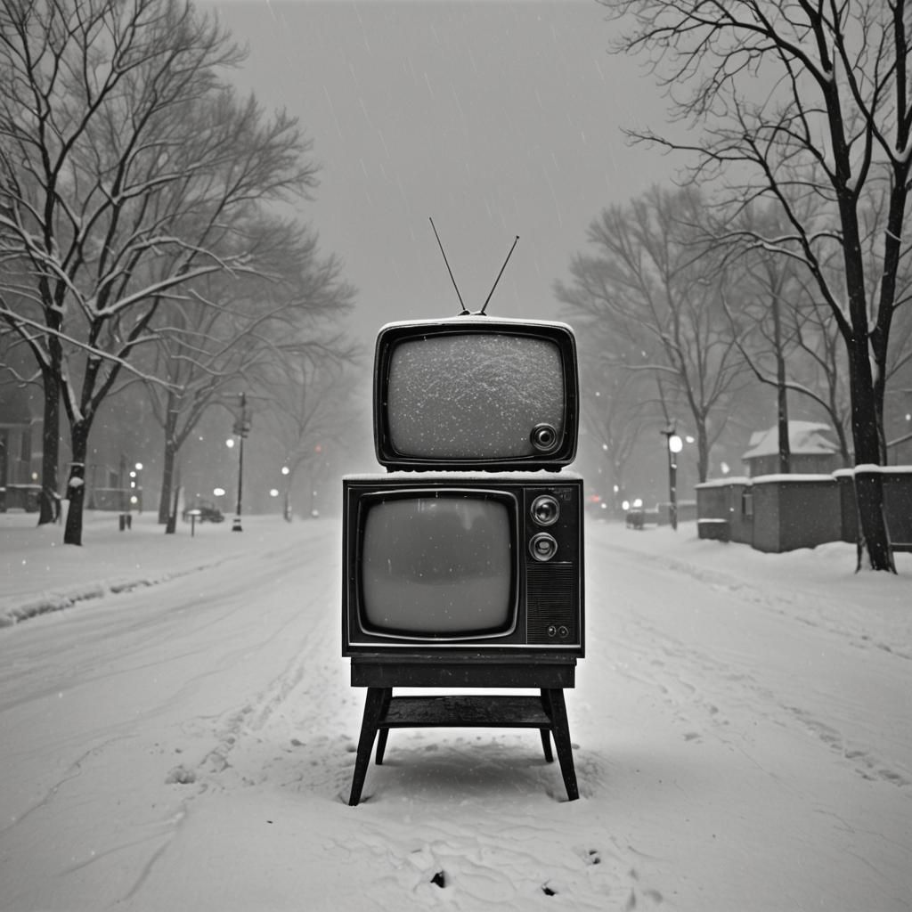 Vintage TV in Snowstorm: Surreal AI Art
