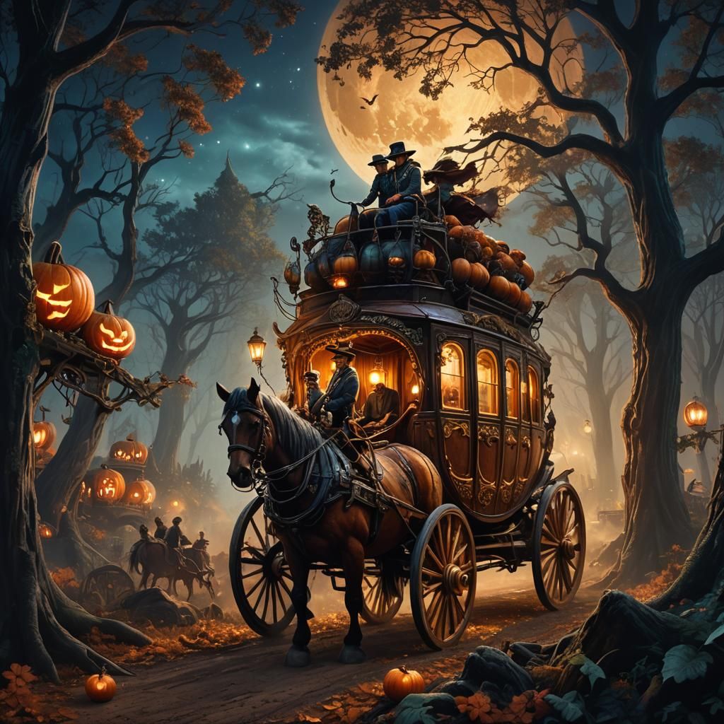 Pumpkin Stagecoach Race Through Mystical Forest