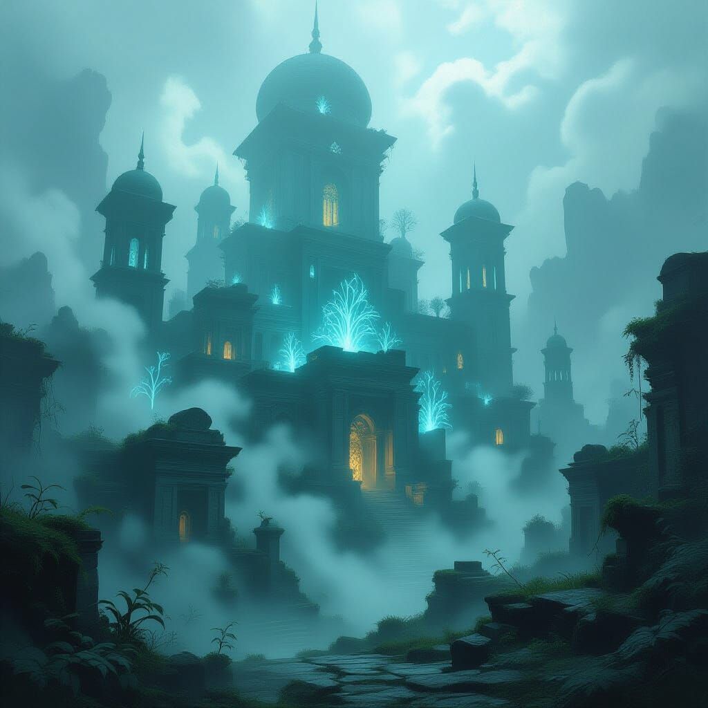 Ancient Foggy City with Bioluminescent Flora