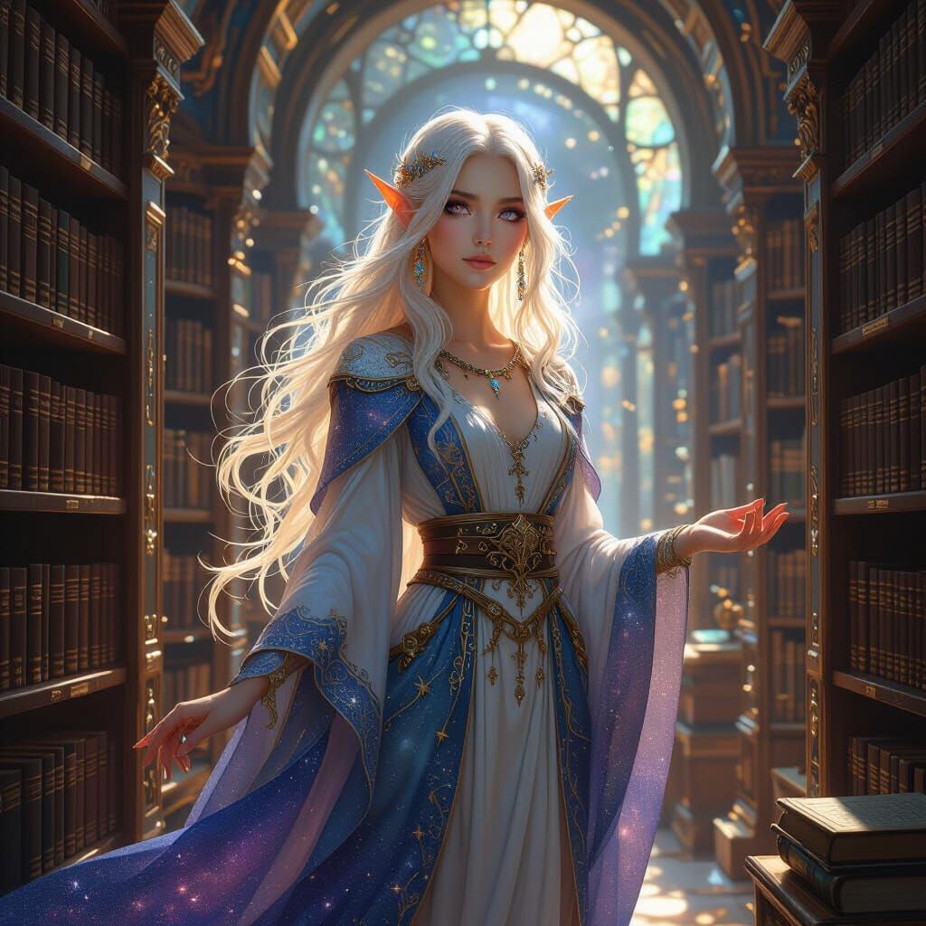 Celestial Elven Librarian in Art Nouveau Style
