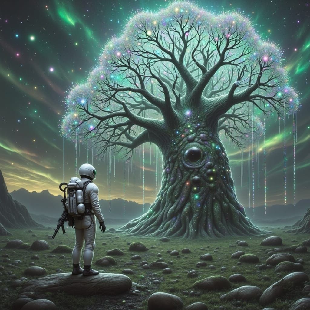 Ethereal Alien Landscape with Bioluminescent Tree
