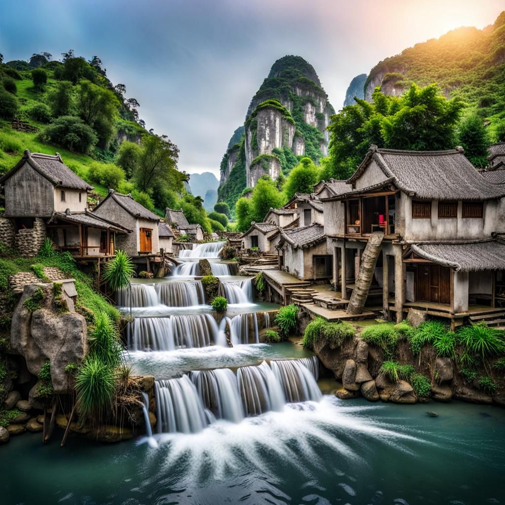 Picturesque Karst Water Village with Waterfall