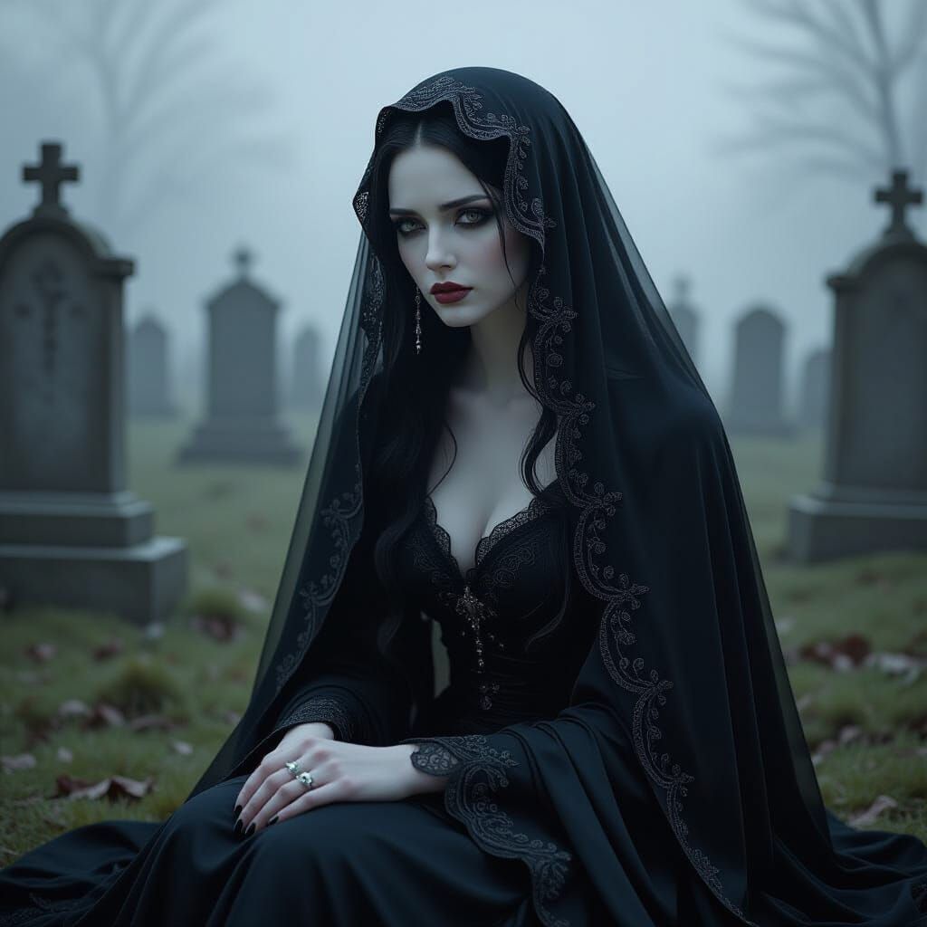 Ethereal Woman in Gloomy Graveyard: Dark Fantasy Art