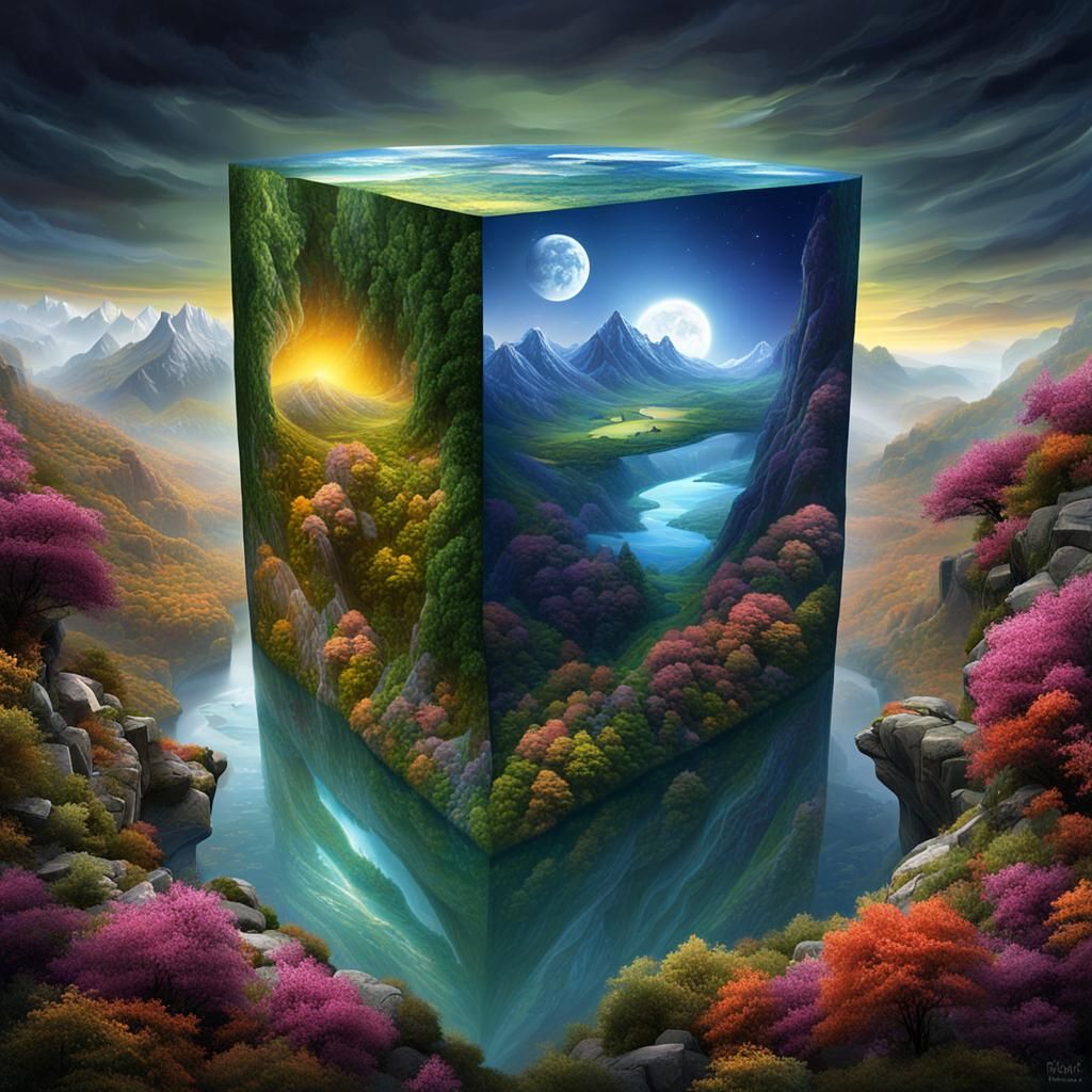 Colorful Tesseract with Natural Elements, Matte Painting