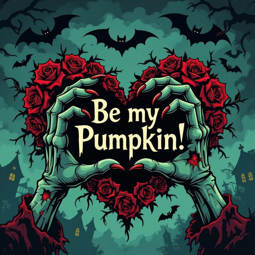 Zombie Hands Heart with Bats and Roses