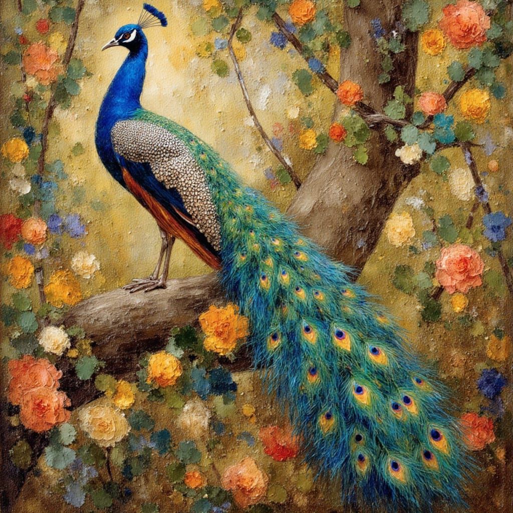 Art Nouveau Peacock in Tea Garden, Klimt Style
