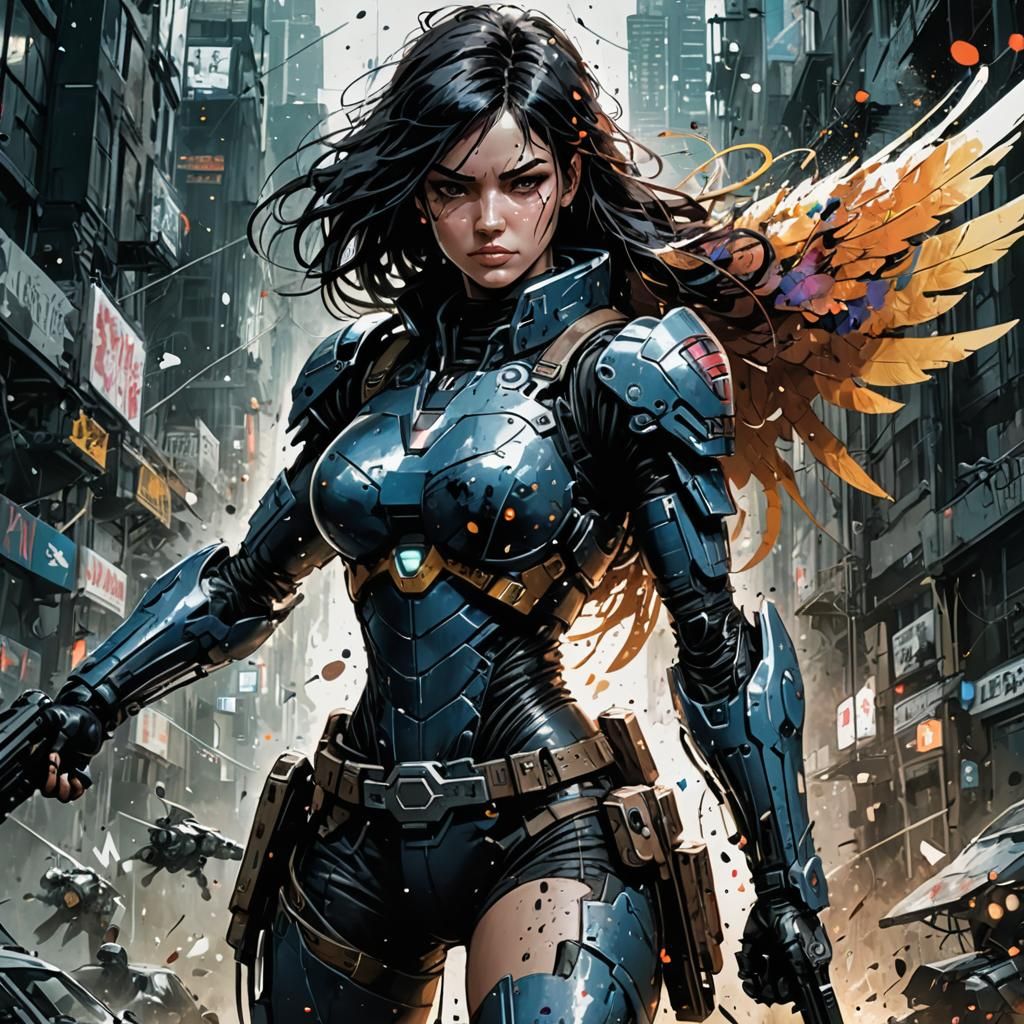 Epic Female Battle Angel in Ink Splash Art