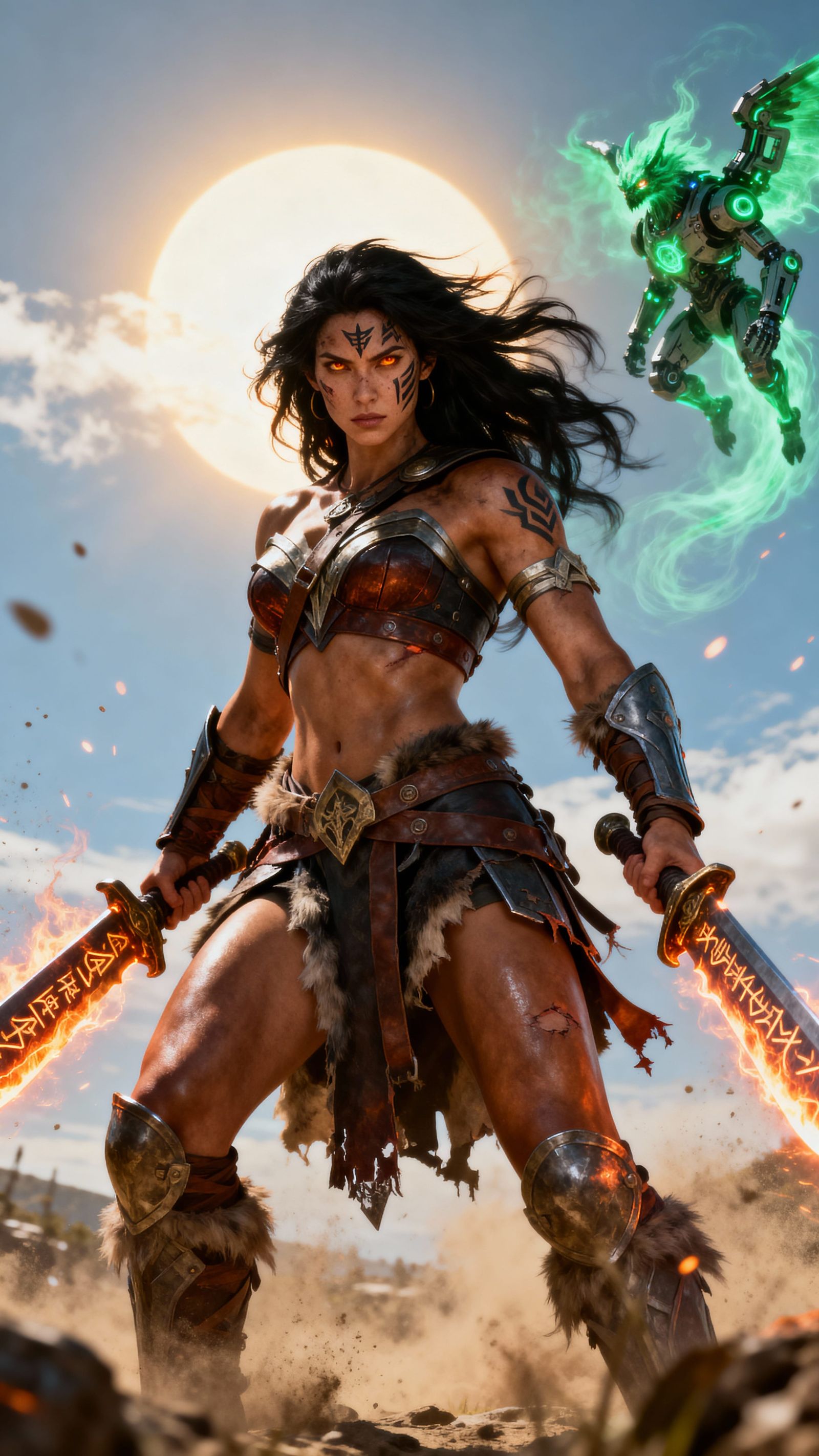 Warrior Goddess Triumphant Under Sunlit Sky