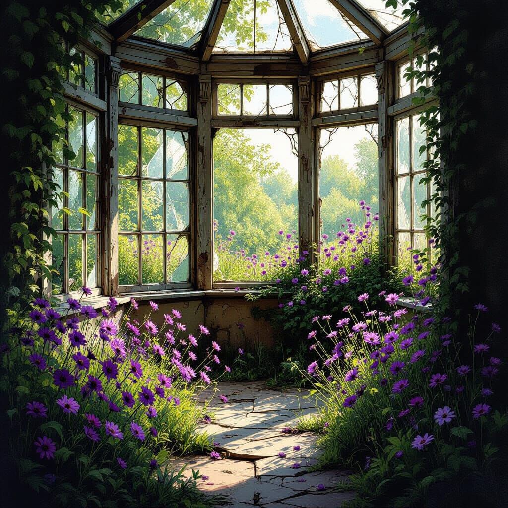 Purple Wildflowers in Sun-Dappled Dilapidated Conservatory
