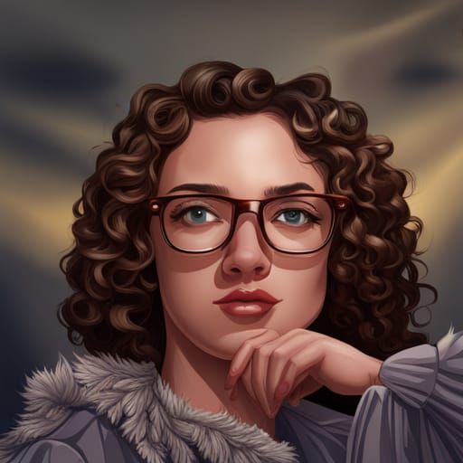 A woman with curly hair wearing glasses, cartoon, ultra realistic