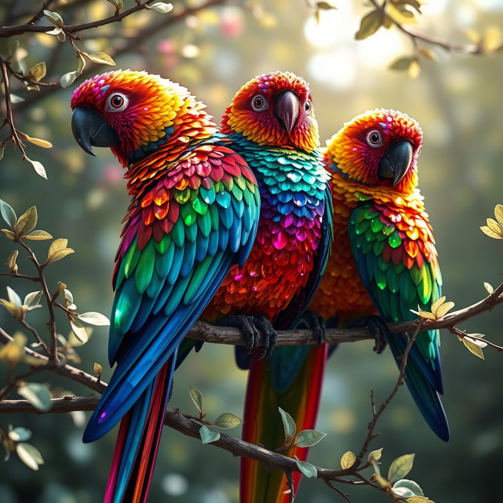 Gemstone Parrots on Branch: Fantasy Concept Art