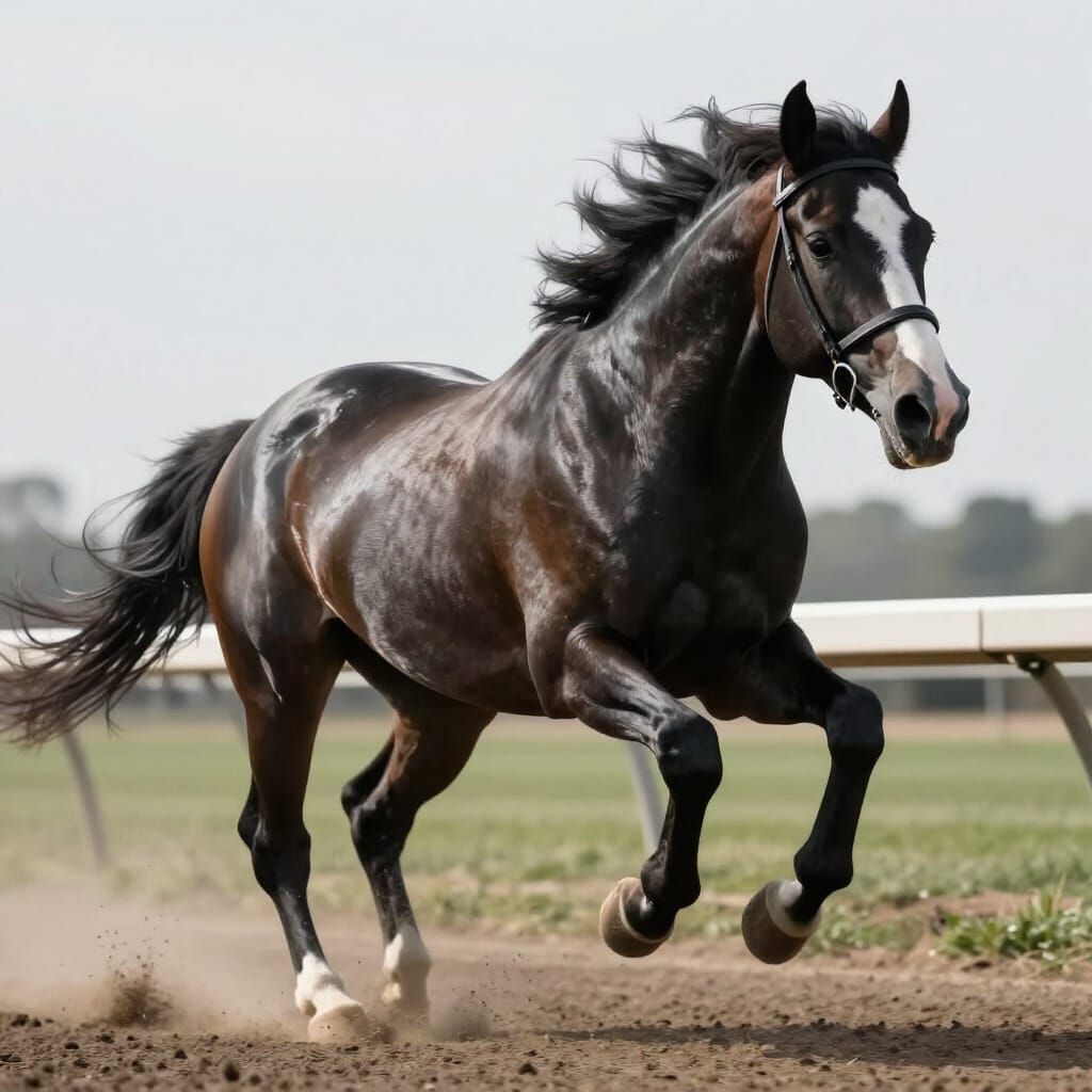 Black and White Stallion Thunders Down Race Track