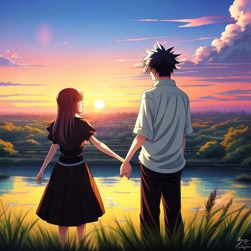 Anime Style Sunset Scene with Children