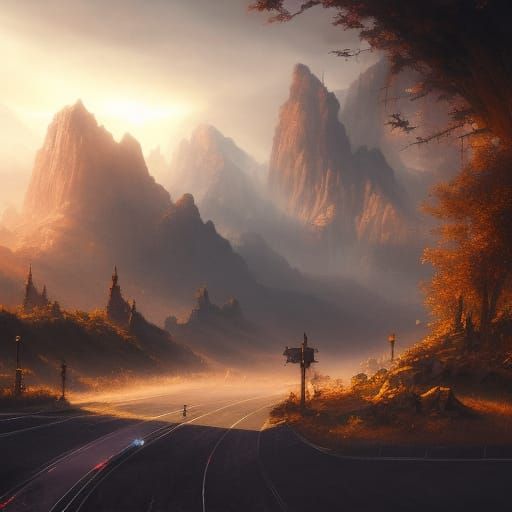 Fantastical Roadside Landscape in Detailed Matte Painting