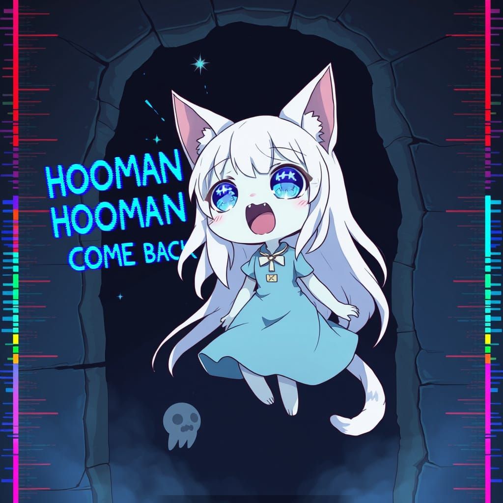 Synthwave Anime Catgirl Ghost in Haunted Scene