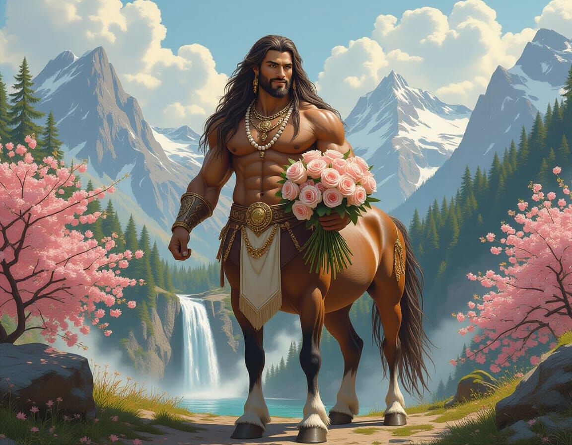 Surreal Centaur with Roses in a Floral Landscape
